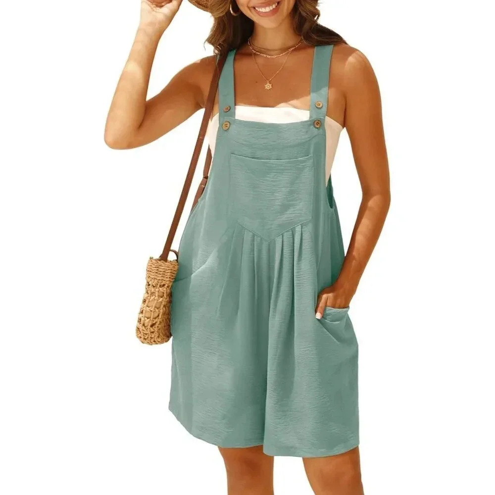 Women Green Rompers Summer Wide Leg Short Overalls Adjustable Strap Bib Jumpsuit - Picture 2 of 6